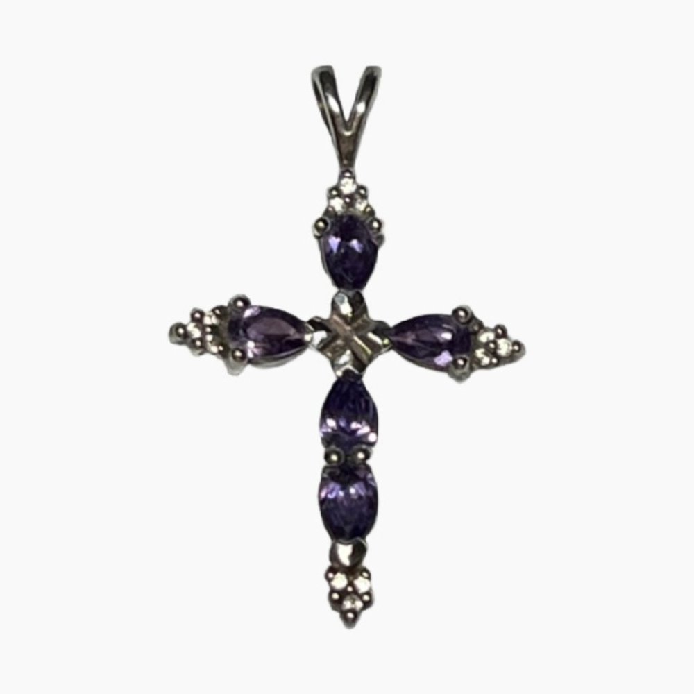 Amethyst Stones, Diamonds & Sterling Cross Pendant